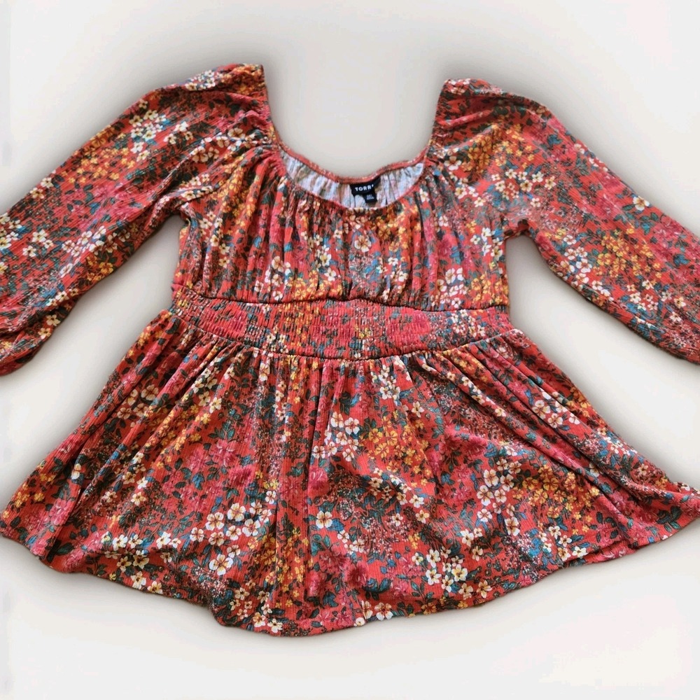 Torrid Women's Orange Floral Boho Flowy 3/4 Sleeve Top Square Neck Shirt Size 00